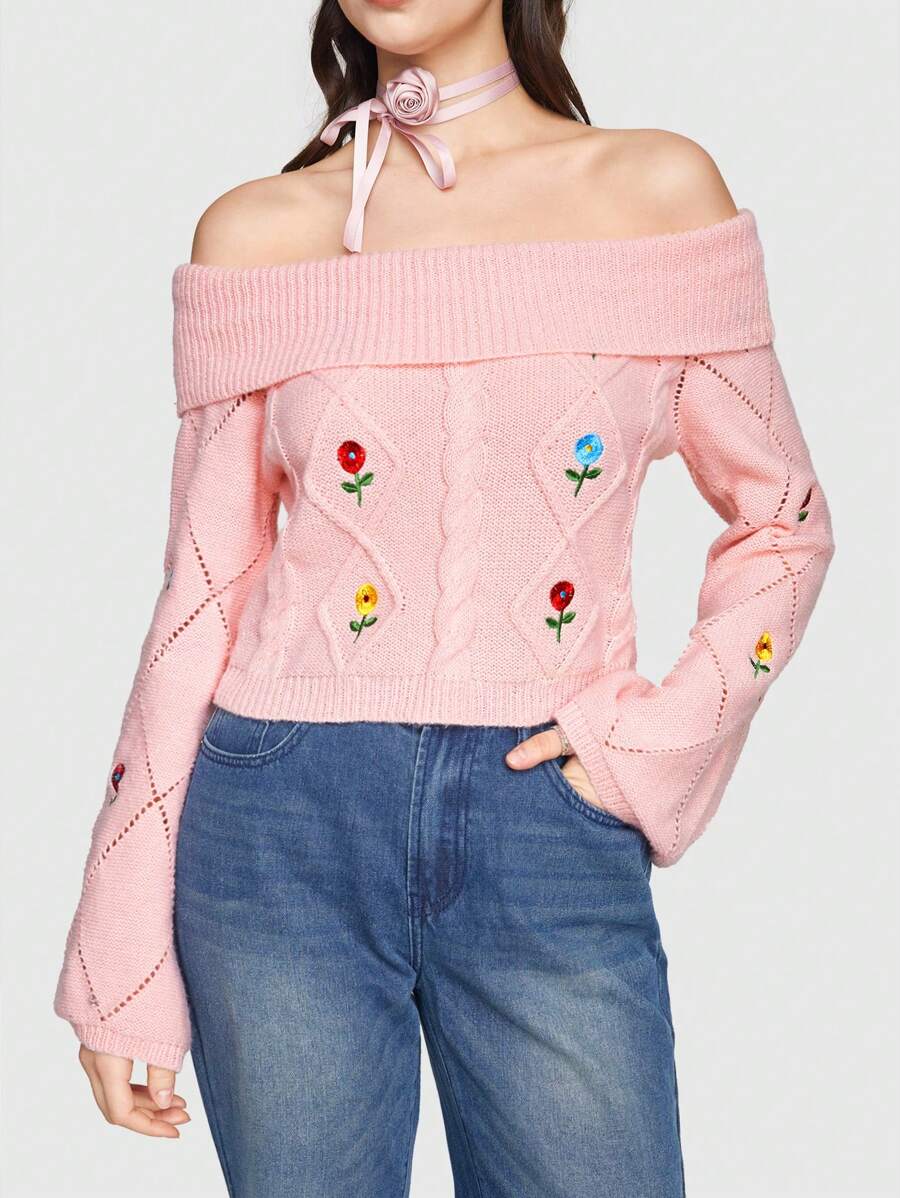 ROMWE Kawaii Lindo Suéter Floral Bordado Con Hombros Descubiertos Para Mujer