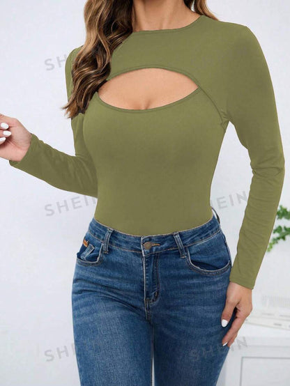 SHEIN Essnce Monos De Manga Larga Con Cuello Redondo Para Mujer Y Con Huecos