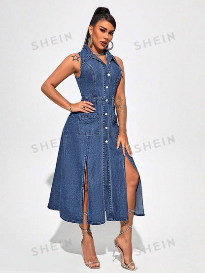 SHEIN SXY Vestido midi de mezclilla sin cuello, sin mangas y con corte lateral para mujer con botones delanteros; perfecto para festivales de música