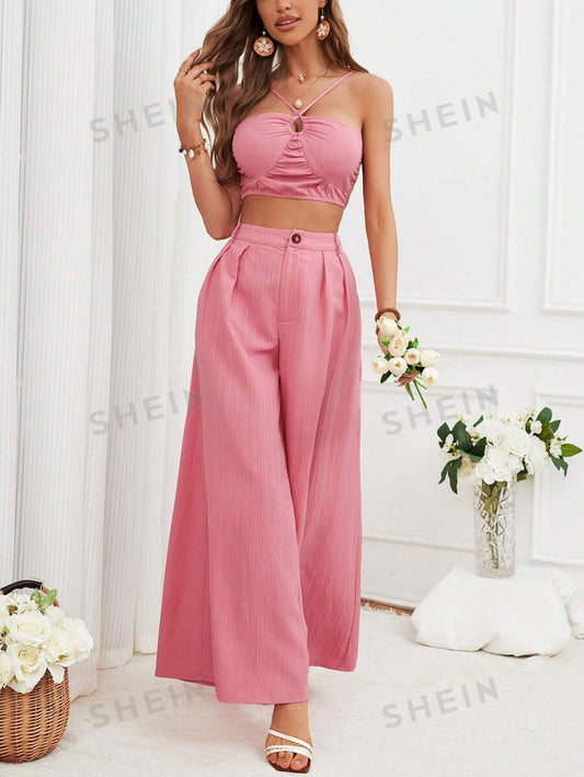 SHEIN VCAY Conjunto de dos piezas para mujeres con parte superior holgada y pantalón de pierna ancha en unicolor con correa para el cuello